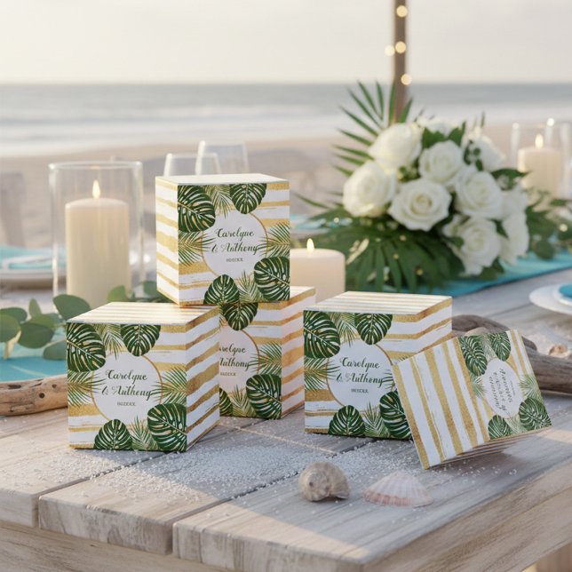 Gold Foil & Green Palm Leaf Beach Wedding Favour Box (Creator Uploaded)