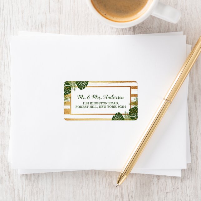 Gold Foil & Green Palm Leaf Beach Wedding Label (Insitu)