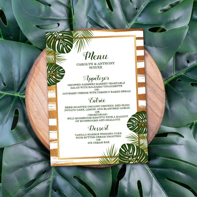 Gold Foil & Green Palm Leaf Beach Wedding Menu (Creator Uploaded)