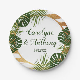 Gold Foil & Green Palm Leaf Beach Wedding Paper Plate