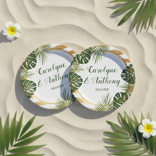Gold Foil & Green Palm Leaf Beach Wedding Paper Plate