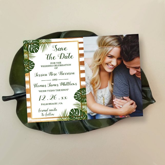 Gold Foil & Green Palm Leaf Beach Wedding Photo Save The Date (Creator Uploaded)