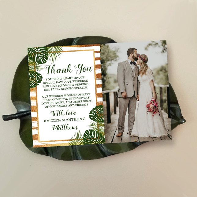 Gold Foil & Green Palm Leaf Beach Wedding Photo Thank You Card (Creator Uploaded)