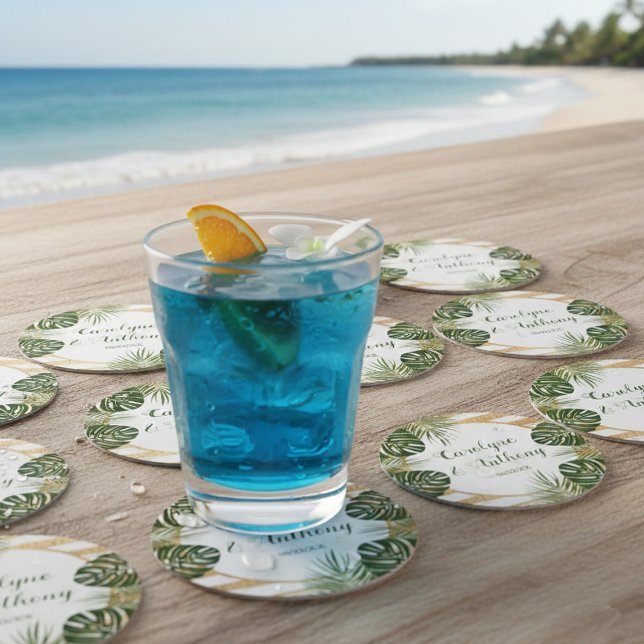 Gold Foil & Green Palm Leaf Beach Wedding Round Paper Coaster (Creator Uploaded)