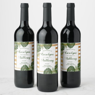 Gold Foil & Green Palm Leaf Beach Wedding Wine Label