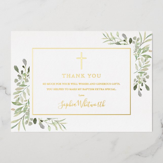 Gold Foil Greenery Baptism Photo Thank You Card (Front)