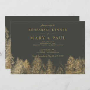 Gold foil grey Fall pine rehearsal dinner Invitation