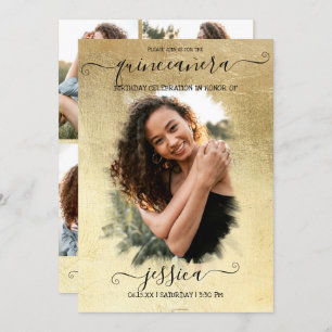Gold Foil Halo Photo Collage Quinceañera Invitation