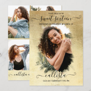 Gold Foil Halo Photo Collage Sweet 16 Invitation