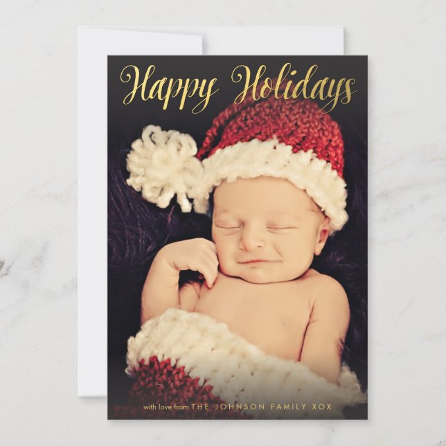 Gold Foil Happy Holidays Christmas Photo Flat Holiday Card (Front)