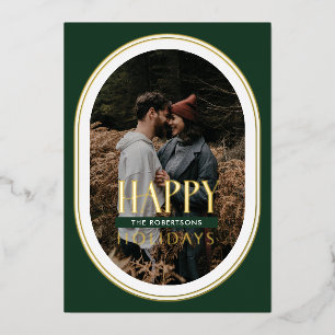 Gold Foil Happy Holidays Green Oval Frame Photo Holiday Card