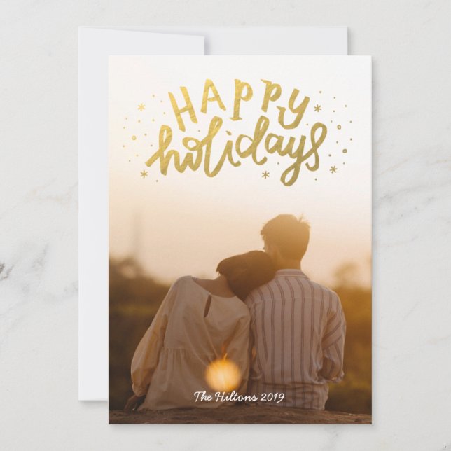 Gold Foil Happy Holidays Lettering Christmas Photo Holiday Card (Front)