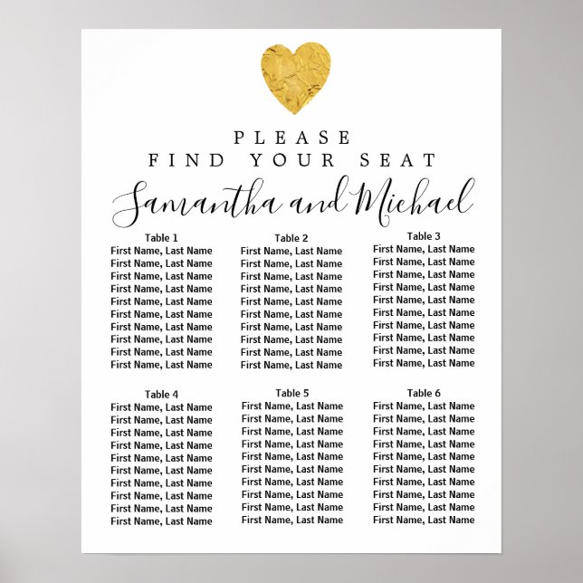 Gold foil Heart 6-Table Wedding Seating Chart (Front)