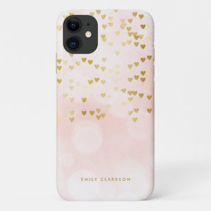 Gold Foil Heart Confetti Pink Bokeh Personalised iPhone 11 Case