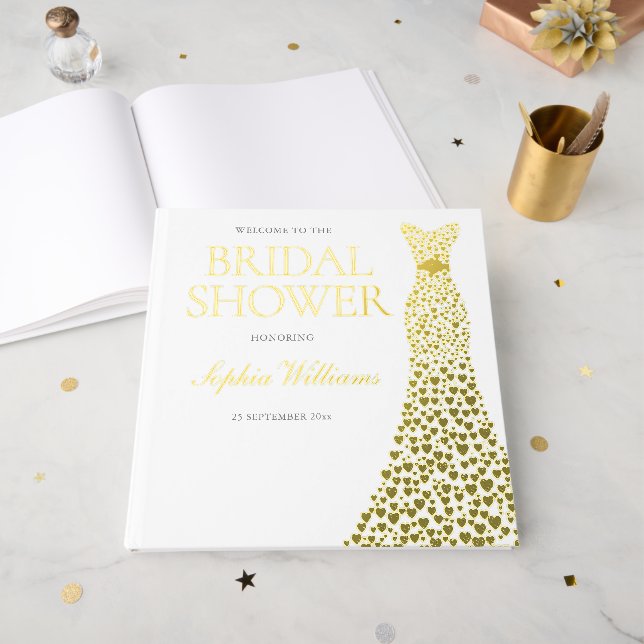 Gold Foil Heart Dress Bridal Shower Golden Guest Book (Front Open)