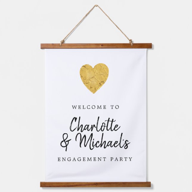 Gold Foil Heart Engagement Party Welcome Banner Hanging Tapestry (Front)
