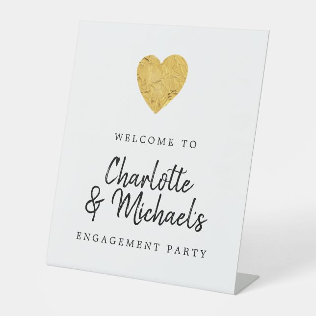 Gold Foil Heart Engagement Party Welcome Pedestal Sign (Front)