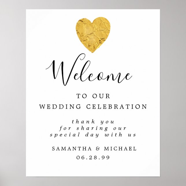Gold Foil Heart Modern Welcome to Our Wedding Sign (Front)