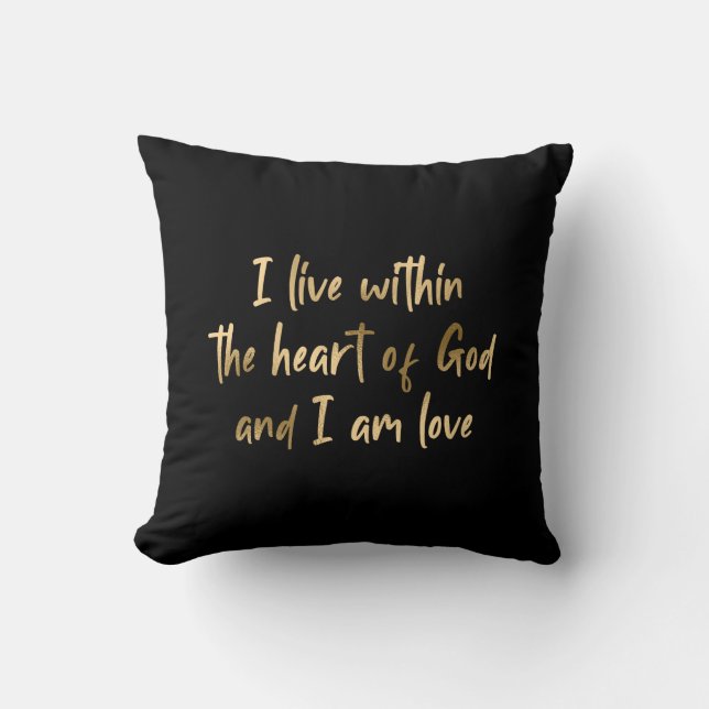 Gold Foil Heart of God Inspirational Quote Black Cushion (Front)
