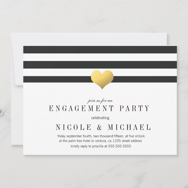 Gold Foil Heart + Stripes Engagement Party Invitation (Front)