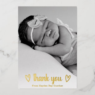 Gold Foil Heart Thank You Photo Birth Announcement
