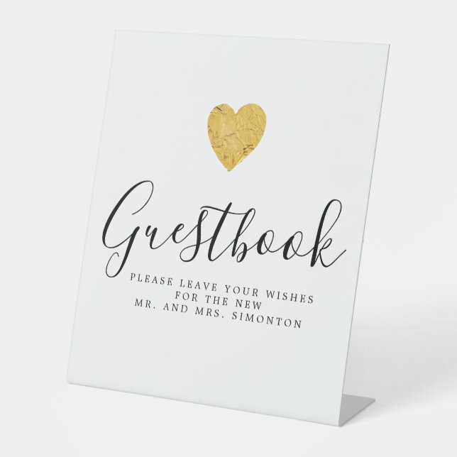 Gold Foil Heart Wedding Guestbook Pedestal Sign (Front)