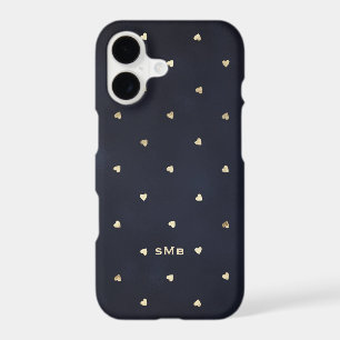 Gold Foil Hearts Pattern Navy Blue Monogram