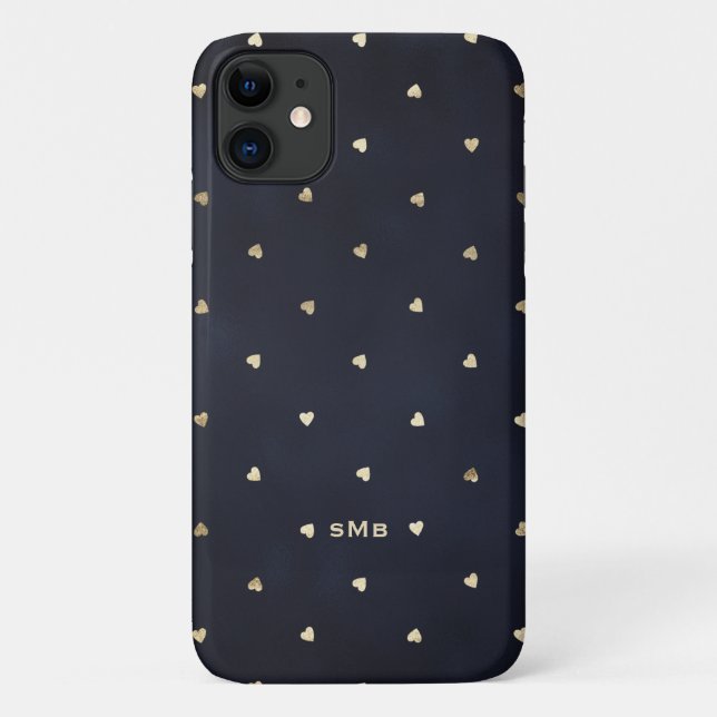 Gold Foil Hearts Pattern Navy Blue Monogram Case-Mate iPhone Case (Back)