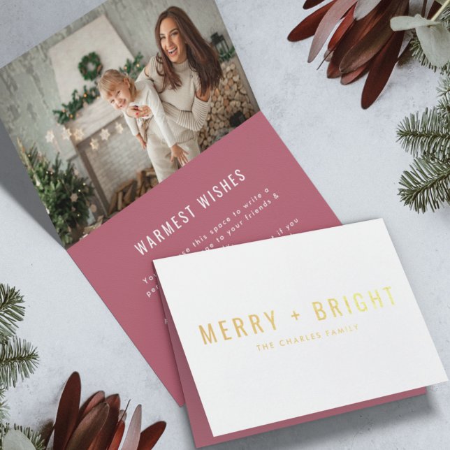 Gold Foil Holiday Card | Christmas Photo Folded (Celebrate the season in style with a vintage rose gold foil Merry + Bright card by Guava)