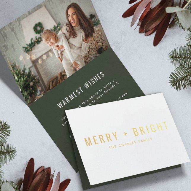 Gold Foil Holiday Card | Christmas Photo Folded (Celebrate the season in style with a modern dark green gold foil Merry + Bright card by Guava)