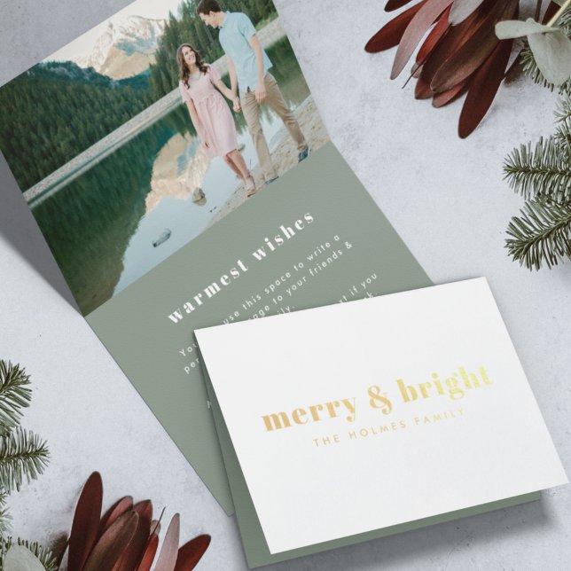 Gold Foil Holiday Card | Folded Christmas Photo (Send festive cheer with a modern gold foil Merry & Bright photo card by Guava)