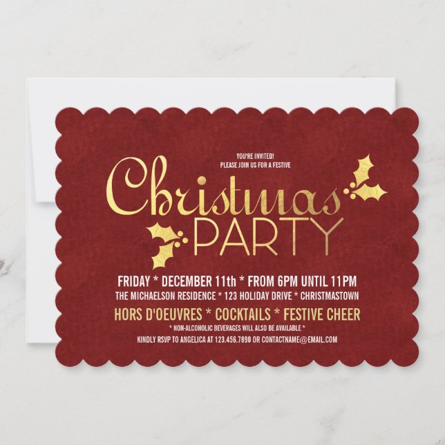 Gold Foil Holly Christmas Party Invitation (Front)