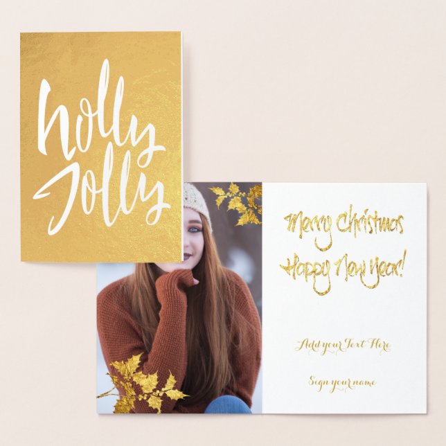 Gold Foil Holly Jolly Christmas YOUR PHOTO Inside Card (Display)