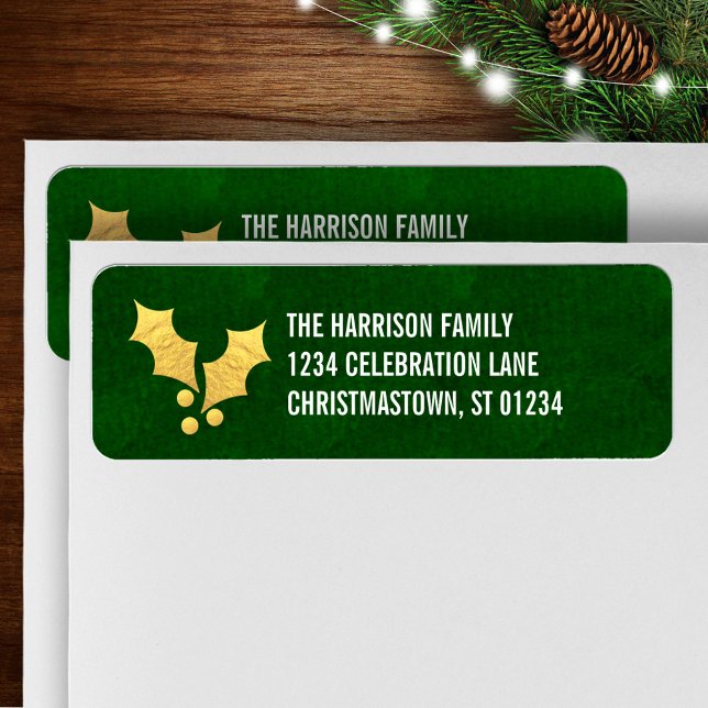 Gold Foil Holly Personalised Christmas Return Address Label (Creator Uploaded)