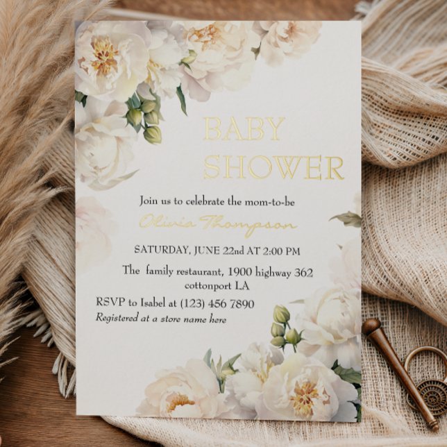 Gold Foil Ivory Peony Elegant Baby Shower (Creator Uploaded)