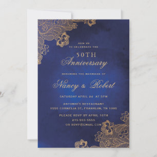 Gold Foil Lace Blue 50th Wedding Anniversary Invitation