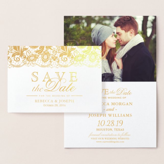 Gold Foil Lace Floral Wedding Save the Date Foil Card (Display)