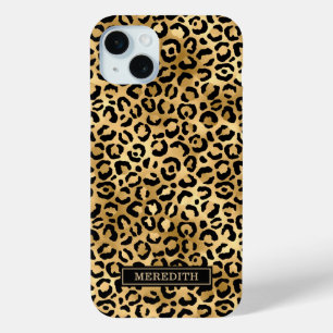 Gold Foil Leopard Print Monogrammed iPhone 15 Mini Case