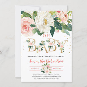 Gold Foil Letters Rustic Blush Pink Floral Baby Invitation