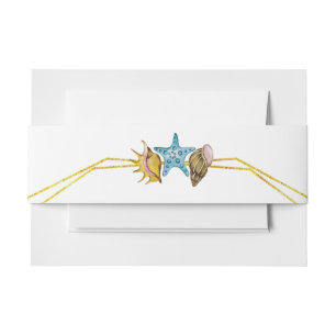 Gold foil lines and seashells beach wedding invitation belly band
