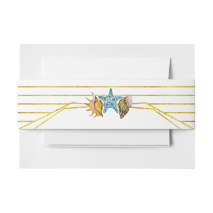 Gold foil lines and seashells beach wedding invitation belly band