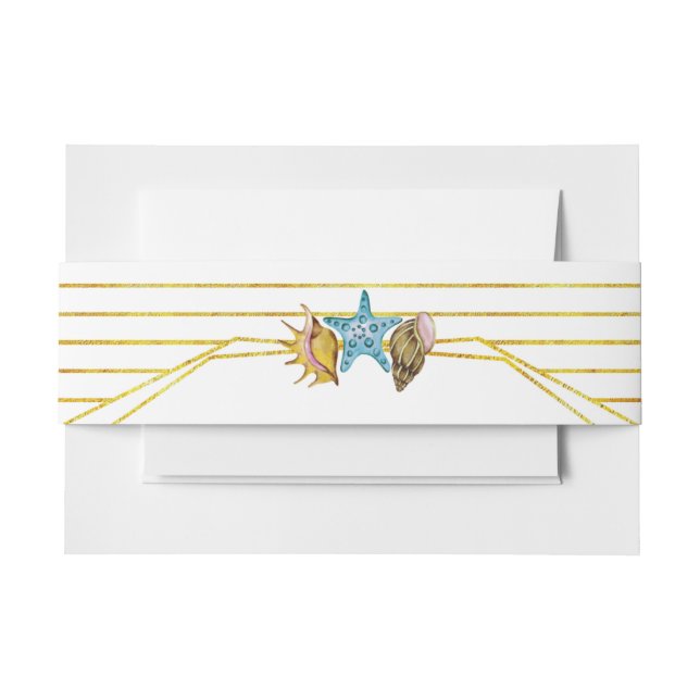Gold foil lines and seashells beach wedding invitation belly band (Front Example)