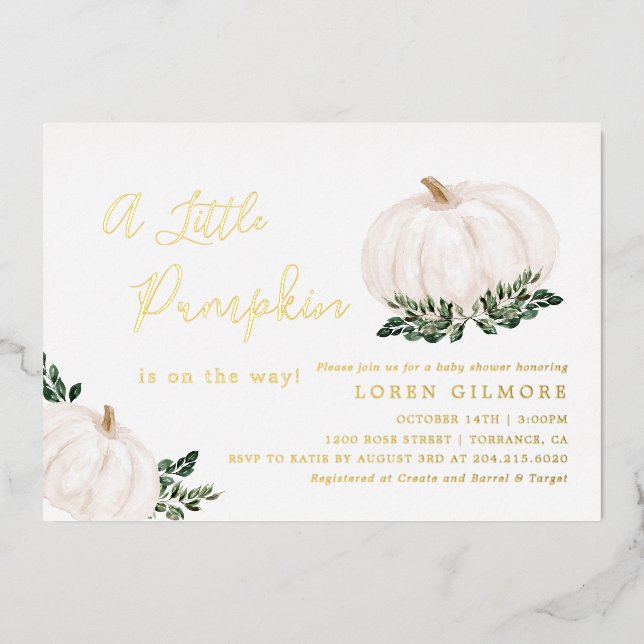 Gold Foil Little Pumpkin Is On The Way Baby Shower (Front)