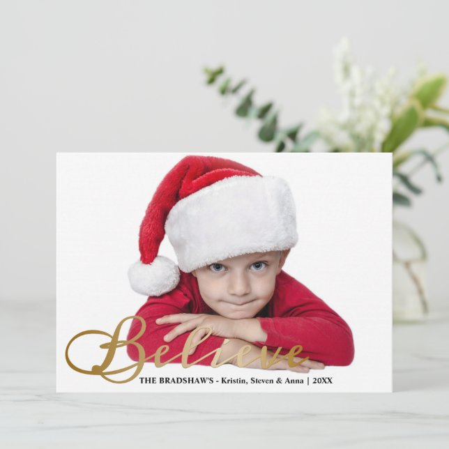 Gold Foil-Look Believe Christmas Photo Holiday Card (Standing Front)