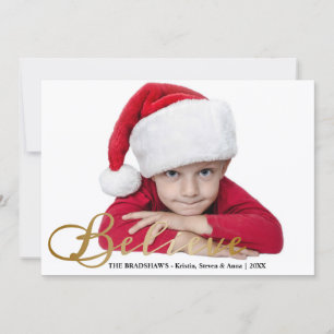 Gold Foil-Look Believe Christmas Photo Holiday Card
