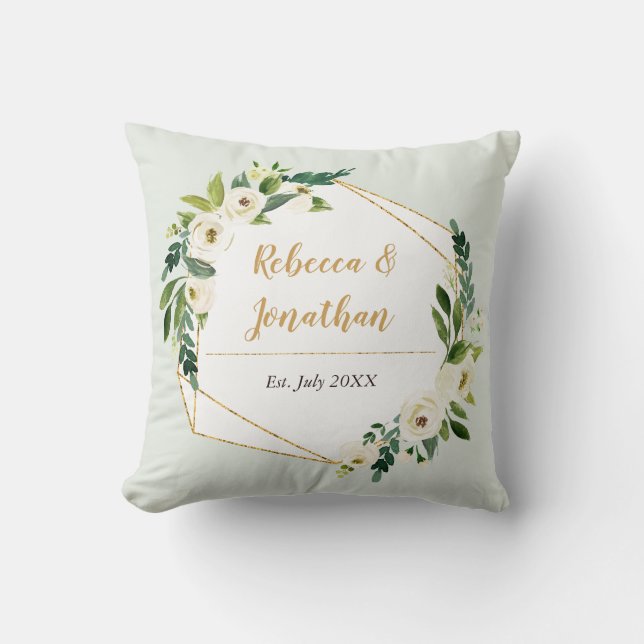 Gold Foil Look Geometric Frame Floral Cushion (Front)