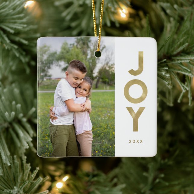 Gold Foil Look JOY Christmas Photo Ceramic Ornament (Tree)