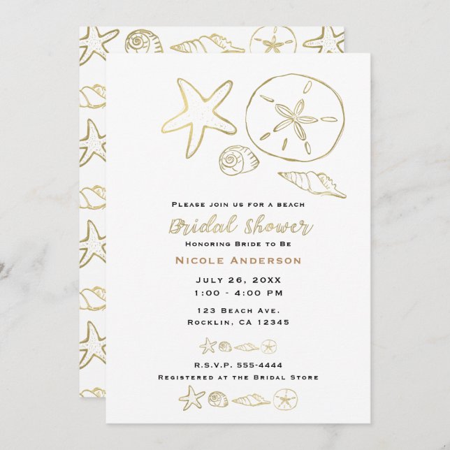 Gold Foil Look Sea Shells Chic Beach Bridal Shower Invitation (Front/Back)
