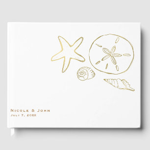 Gold Foil Look Sea Shells Chic Beach Elegant White Guest Book