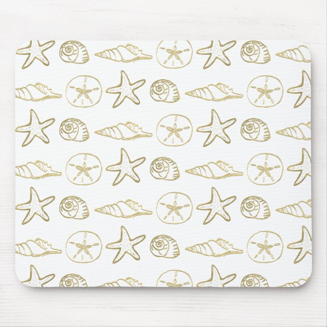 Gold Foil Look Sea Shells Chic Beach Elegant White Mouse Pad (Front)